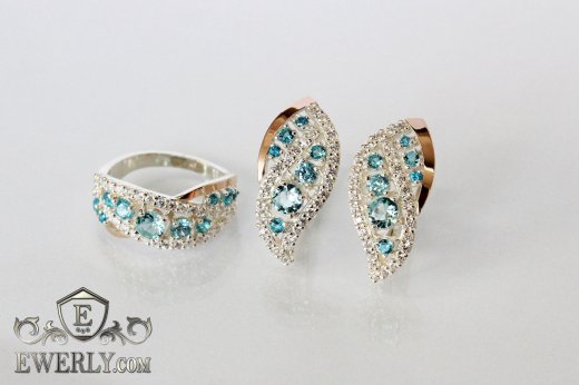 Набор серьги и кольцо из серебра с золотом, купить со светло-голубыми камнями