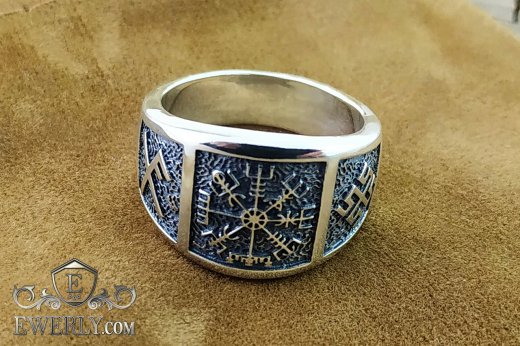 Серебряное кольцо славянское мужское с символами "Вегвизир", "Боговник" и руной "Удачи"