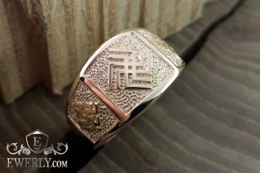 Slavic ring made of gold with the symbols "Heavenly Boar" and "Odolen-grass"