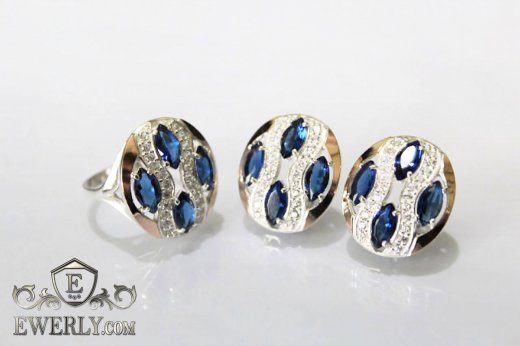 Комплект: серьги и кольцо, купить из серебра с золотом с синими камнями