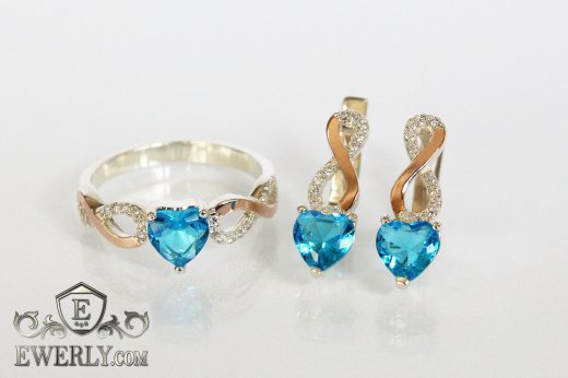 Набор серёжки и кольцо с сердцем, купить из серебра с голубым камнем