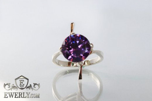 Купить женское кольцо из серебра с камнем (цвет - аметист)