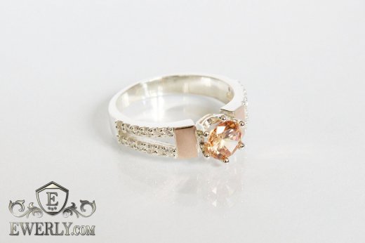 Купить женское серебряное кольцо с камнем (цвет - шампань)